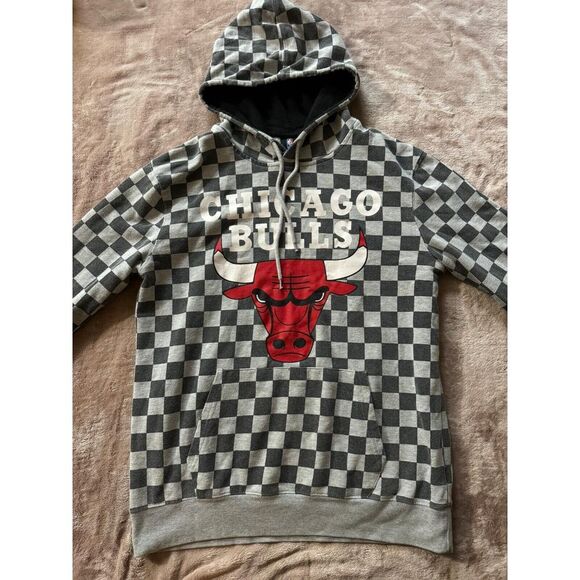 NBA Mens Pullover Chicago Bulls Hoodie Size‎ Medium Checkered Gray - Picture 1 of 8